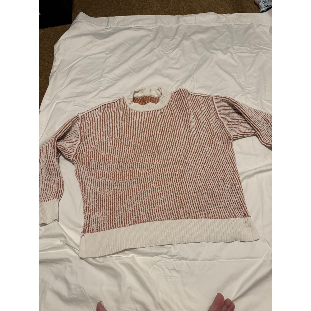 Chenille Striped Crewneck Sweater Rust Orange White Slouchy Knit Drop Shoulder M - Picture 3 of 4